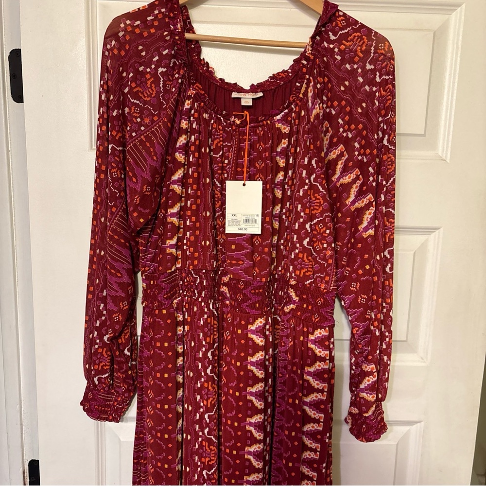 Knox Rose boho long sleeve dress deep hibiscus red Aztec hippie festival pockets - Picture 2 of 10